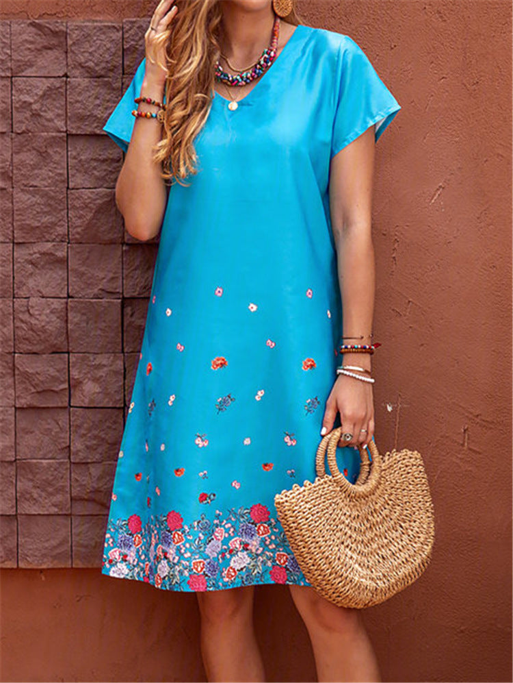 Printed Short-Sleeved V-Neck 5-Color Dress