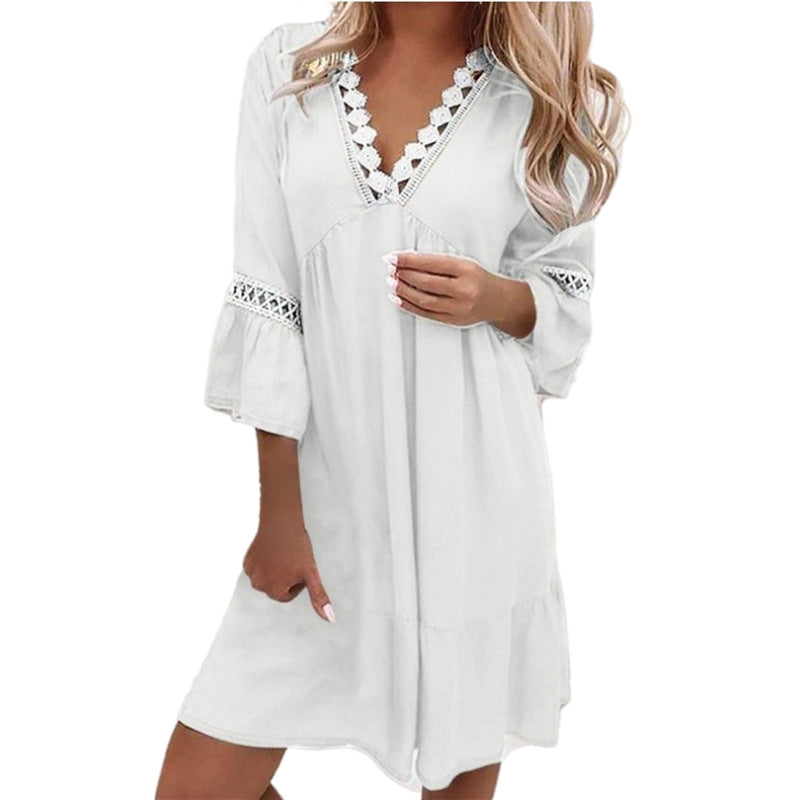 Women's Lace V-neck Patchwork Loose Casual Dress