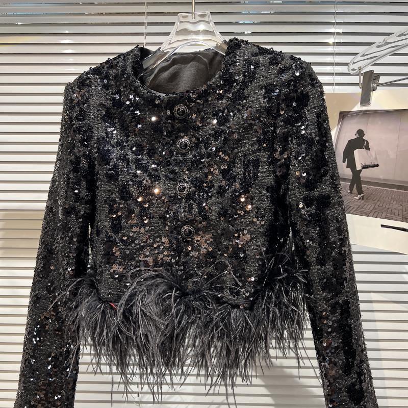 Fashion Sequin Ostrich Hair Coat Top with Hook for Women