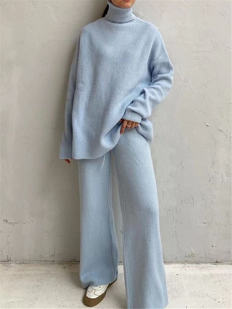 Women's Knitted Tracksuit with Turtleneck Sweater - Two Pieces