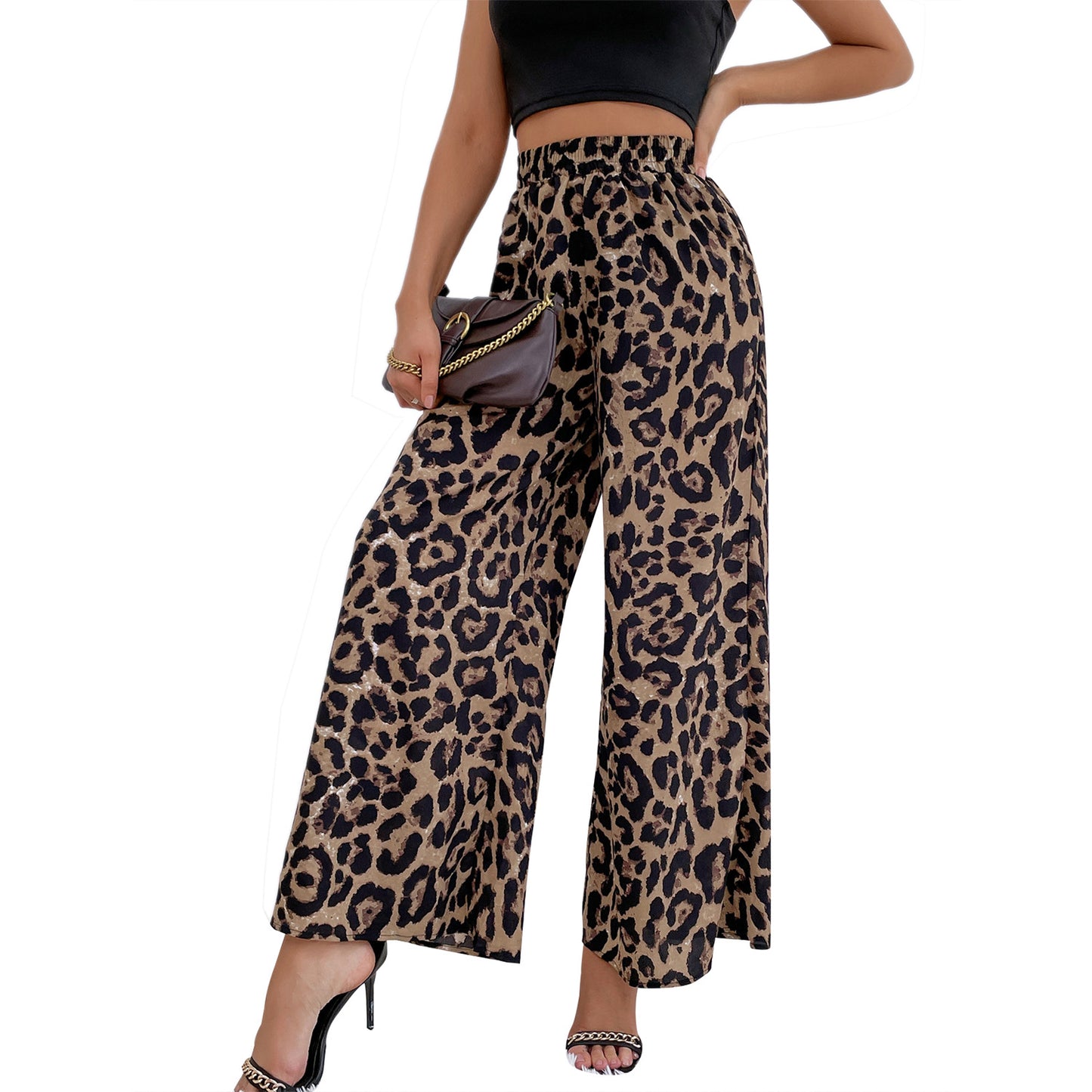 Women's Leopard Print Casual Elastic Waist Loose-fitting Wide-leg Trousers