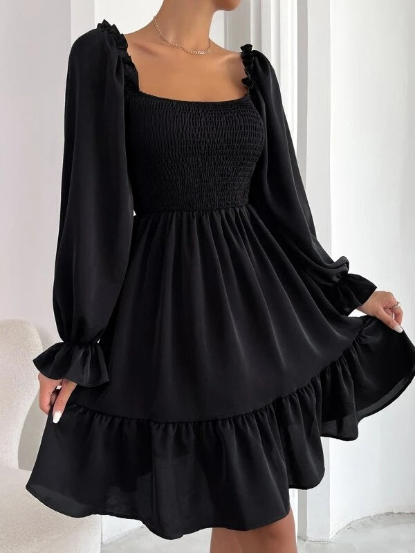 Women's Square Neck Ruffled Swing Dress