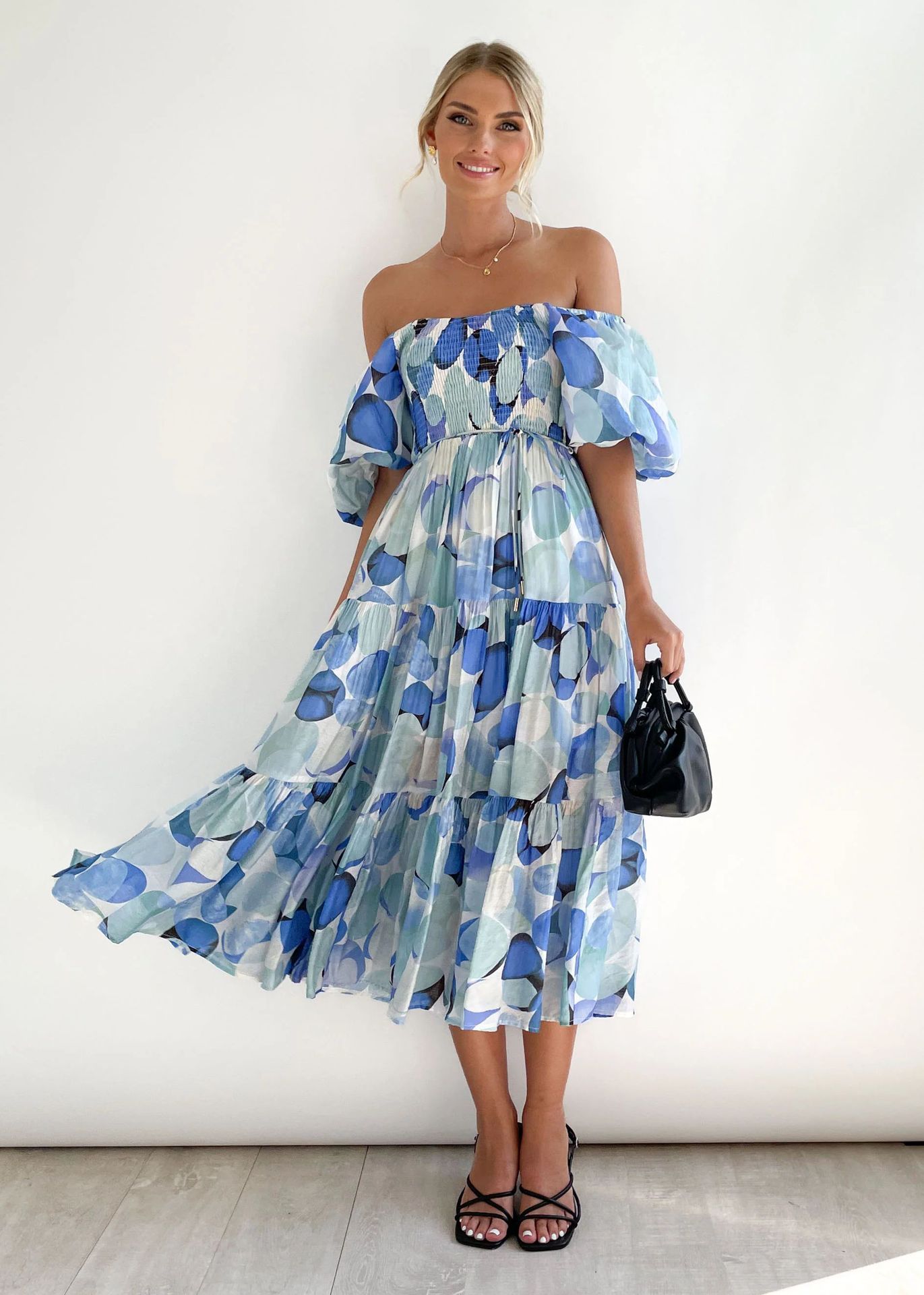 Women's Vacation High Waist Off-Shoulder Printing Dress with Bubble Sleeves