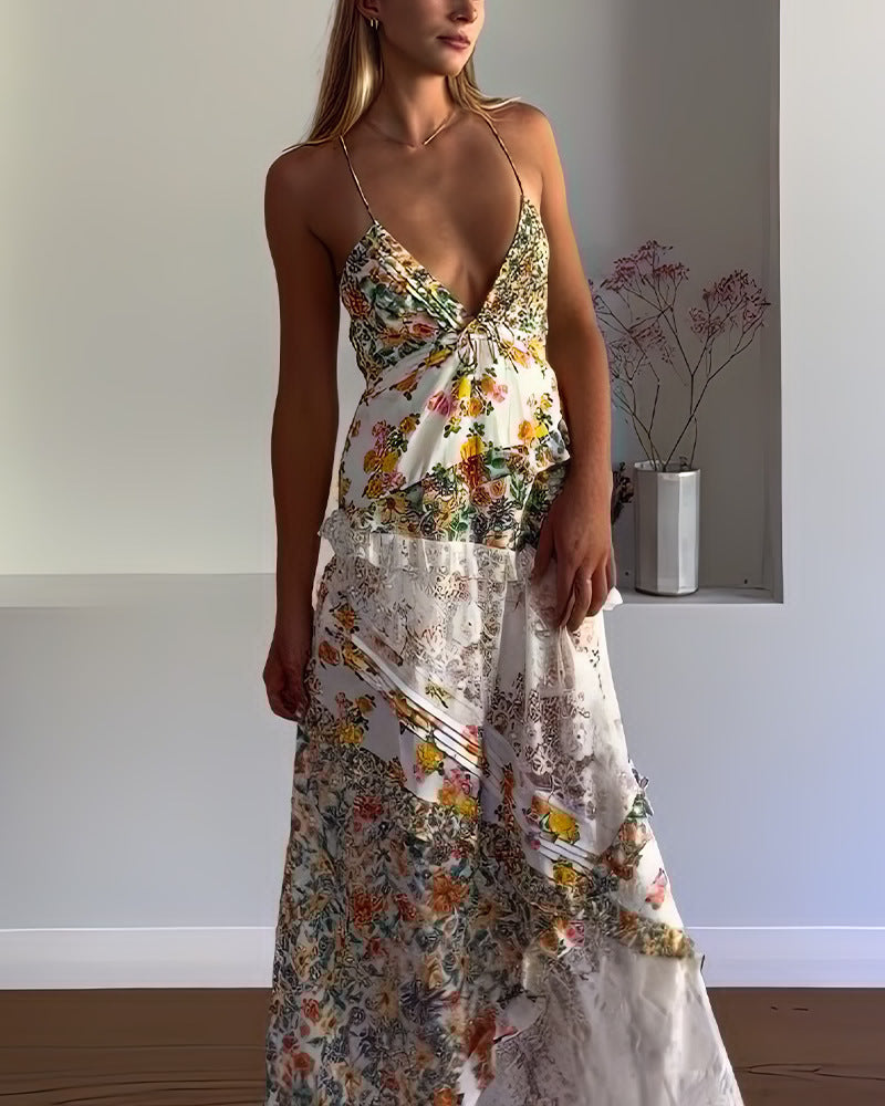 Women's Long Dress with Printed Sling Stitching Hem