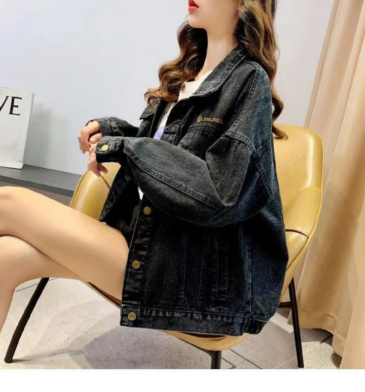 Slimming Loose Black Denim Jacket for Women with Embroidered Lettering