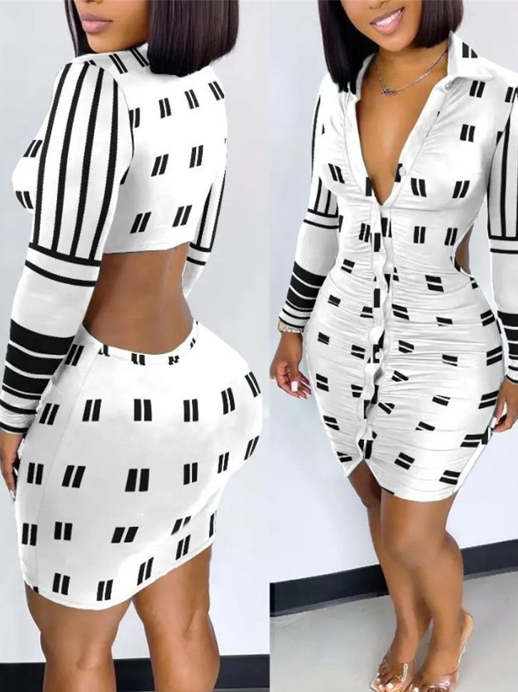 Women's Printed Fashion Midriff Outfit Sheath Long Sleeve Dress