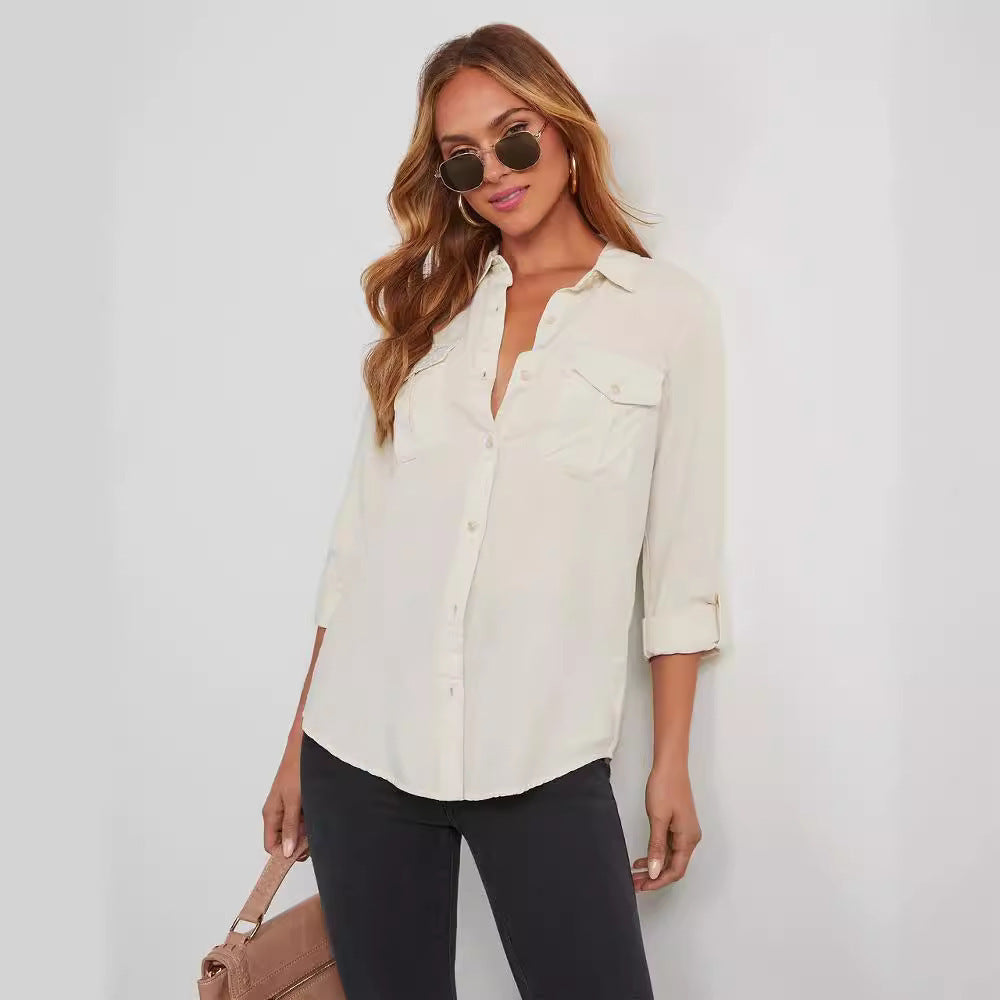 Women's Leisure Lapel Single-Breasted Long Sleeve Denim Shirt