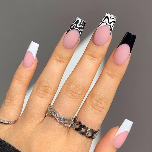 French Manicure Black And White Patchwork Nail Patch