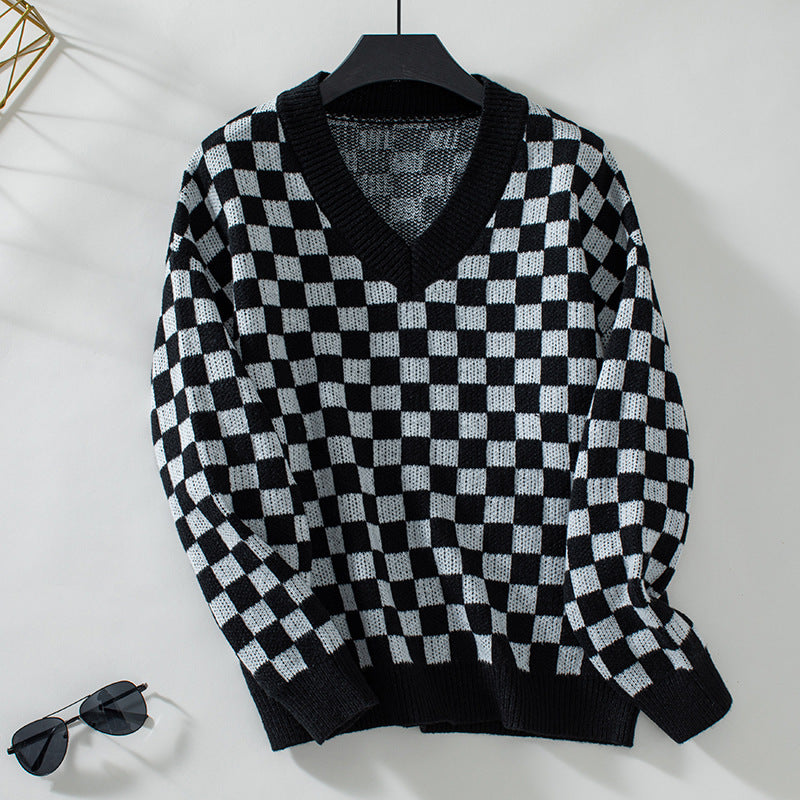 V-Neck Loose Pullover Sweater with Chessboard Plaid and Color Block Design