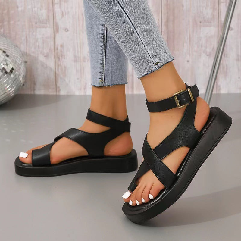 Women's Casual Thick-Soled Clip Toe Sandals Beach Shoes with Round Toe and Back Buckle Strap