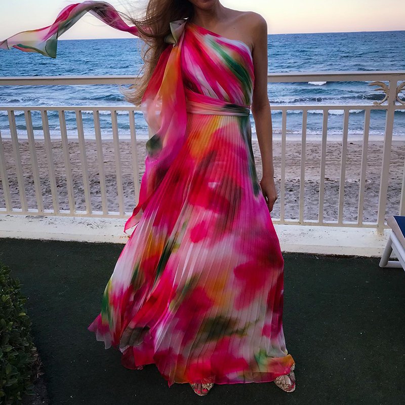 Summer New Fashion Single Room Rainbow Printing Pleat And Waisted Dress