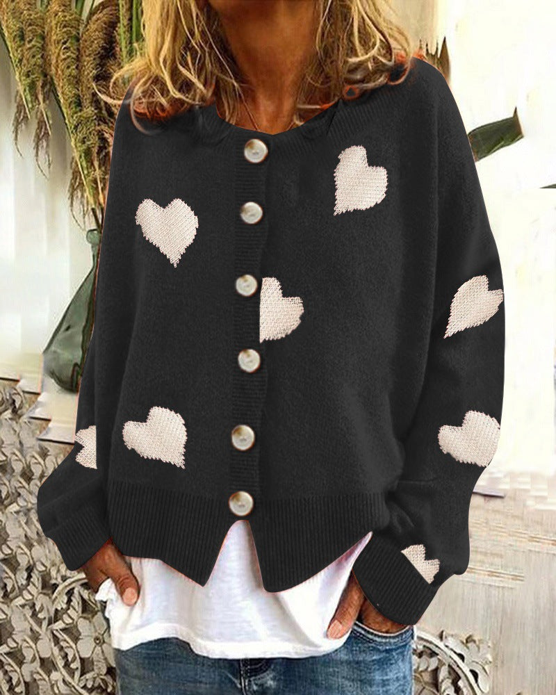 Women's Single-Breasted Cardigan Knitwear Coat Outwear with Heart Motif