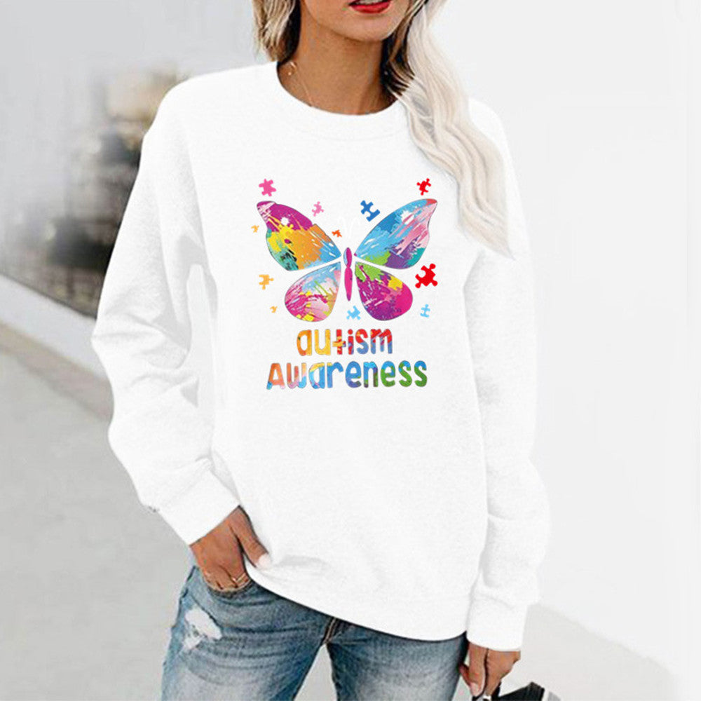 Women's Butterfly Print Long Sleeve Hoodless Round Neck Sweatshirt