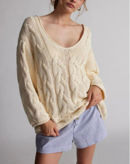 Women's Loose V-Neck Twist Design Knitted Pullover Sweater