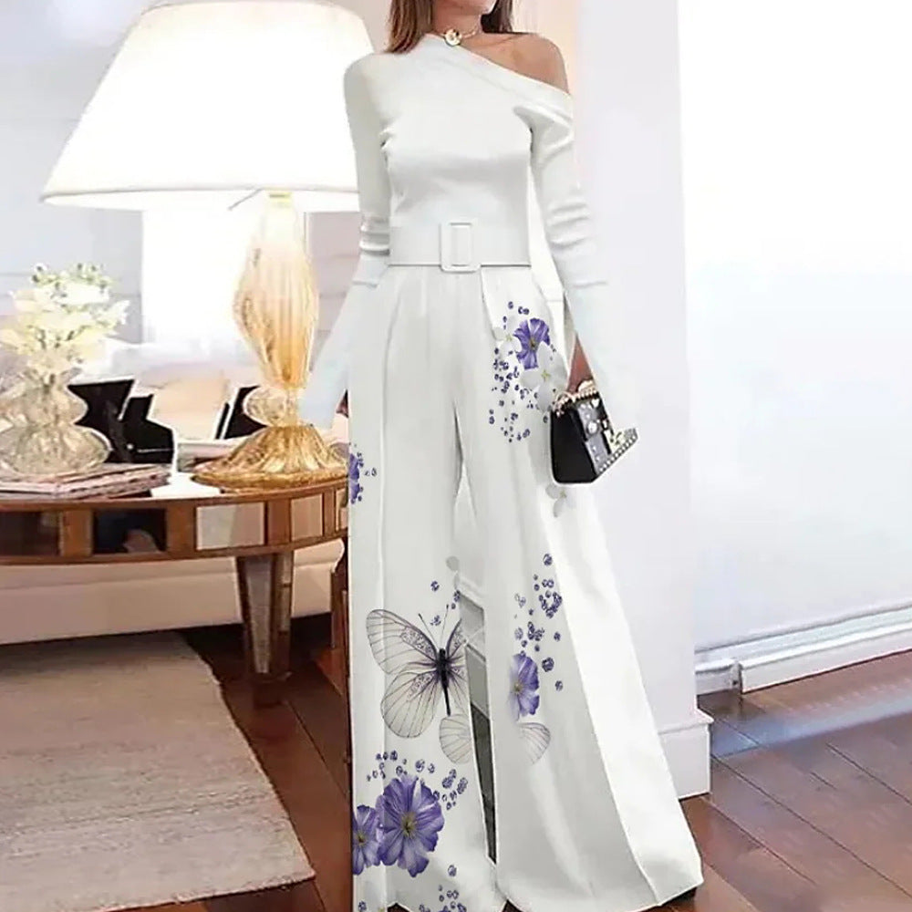 Fashion Printed Diagonal Collar Long Sleeve Off-shoulder Casual One-piece Wide-leg Pants