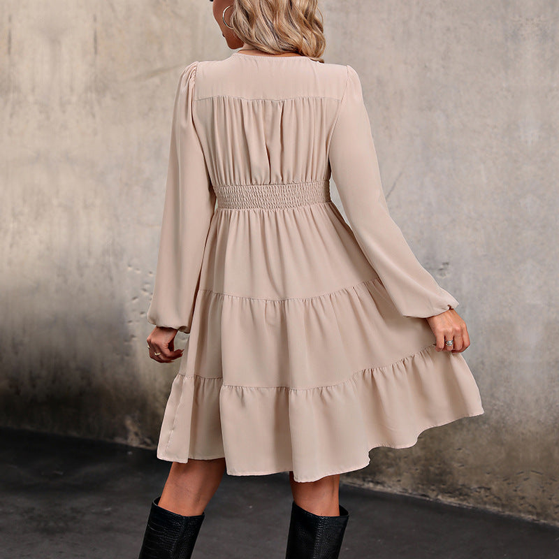 Commute Style Long Sleeve V-neck Stitching Waist Girdle Dress