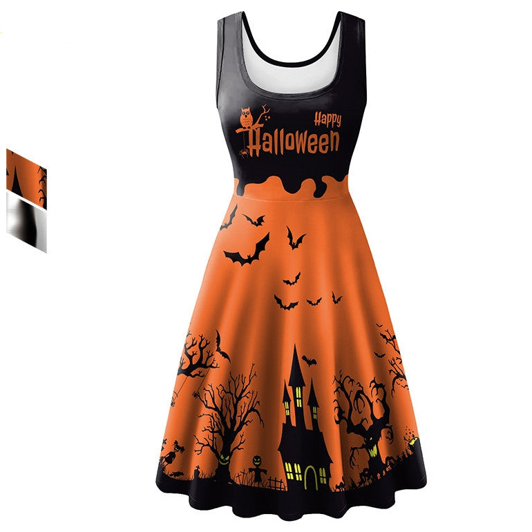 Women's Sleeveless Horror Bat Skeleton Digital Printed Dress