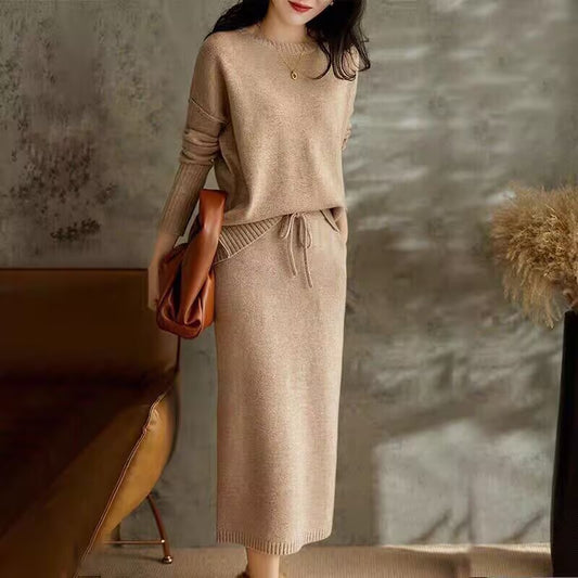 Two-Piece Set: Drawstring High Waist Pure Color Wool Knitted Dress