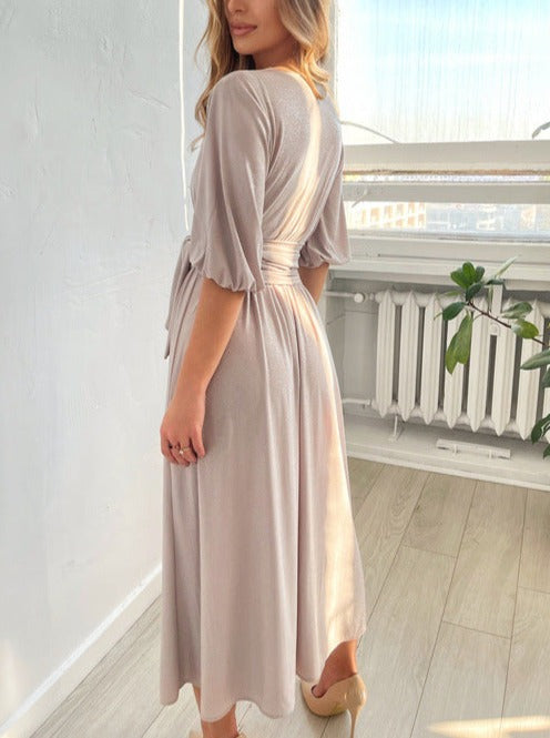 Stylish Women's V-Neck Maxi Dress Lantern Sleeves