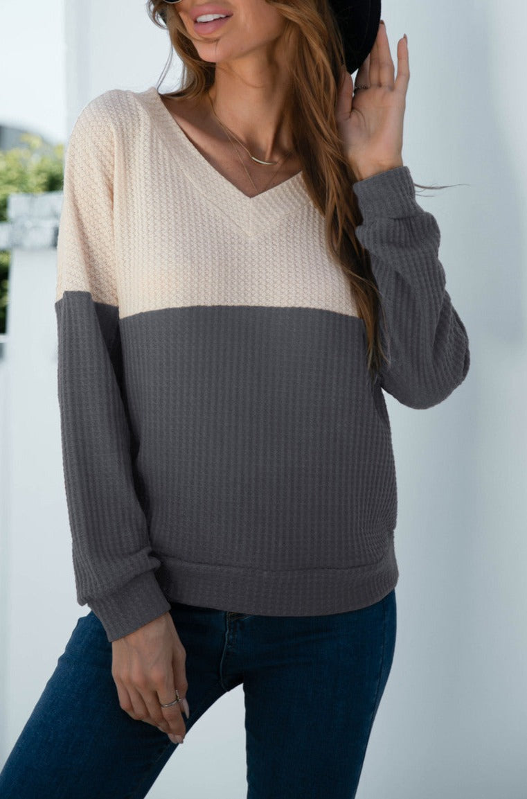 New Fashion Ladies V-Neck Color-Block Sweater