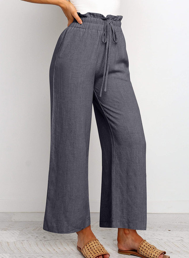 Solid Color Cropped Pants with Elastic Waistband and Lace-Up Wide Legs