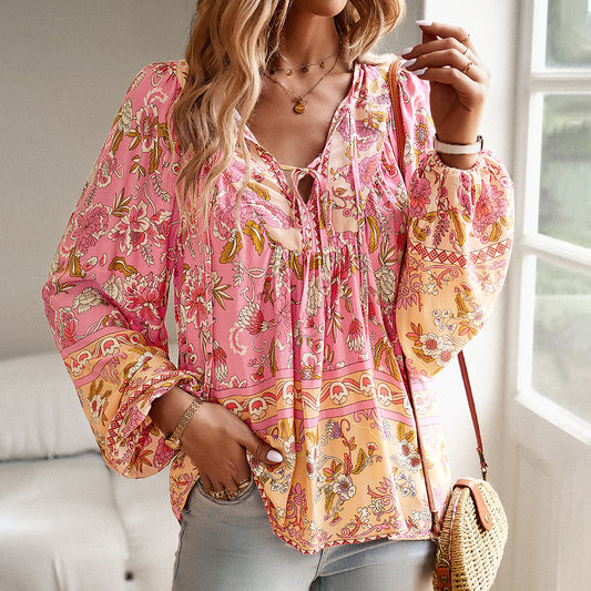 European and American Style Printed Casual Shirt for Autumn and Winter Vacation