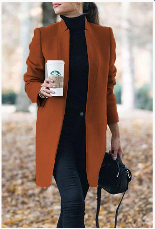 Stylish Solid Color Woolen Coat with Stand Collar