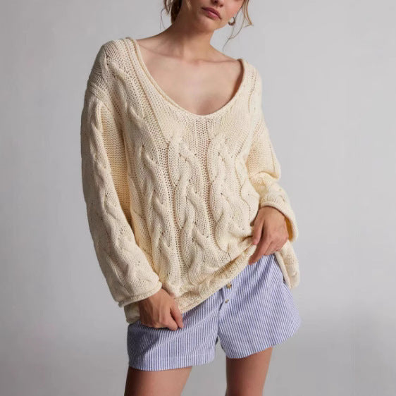 Women's Loose V-Neck Twist Design Knitted Pullover Sweater