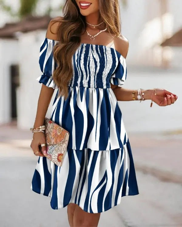 Printed Short Sleeve Dress Off-Shoulder Neckline Dress