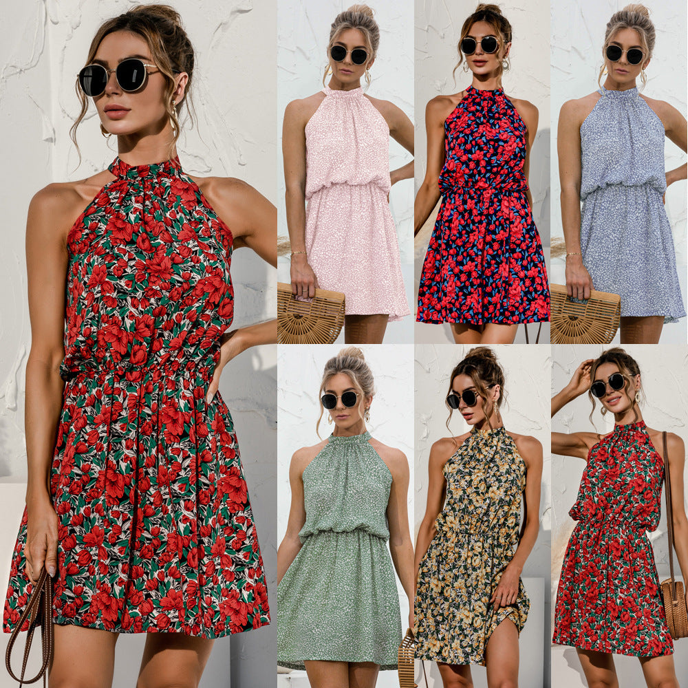 Popular Independent Station Popular Halter Floral Tie-neck Strapless Sexy Dress