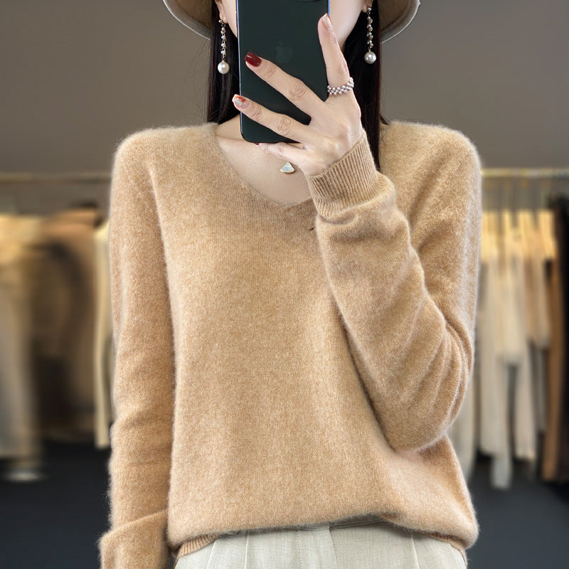 Women's V-Neck Wool Sweater - Solid Color Loose-Fitting Versatile Top for Autumn and Winter