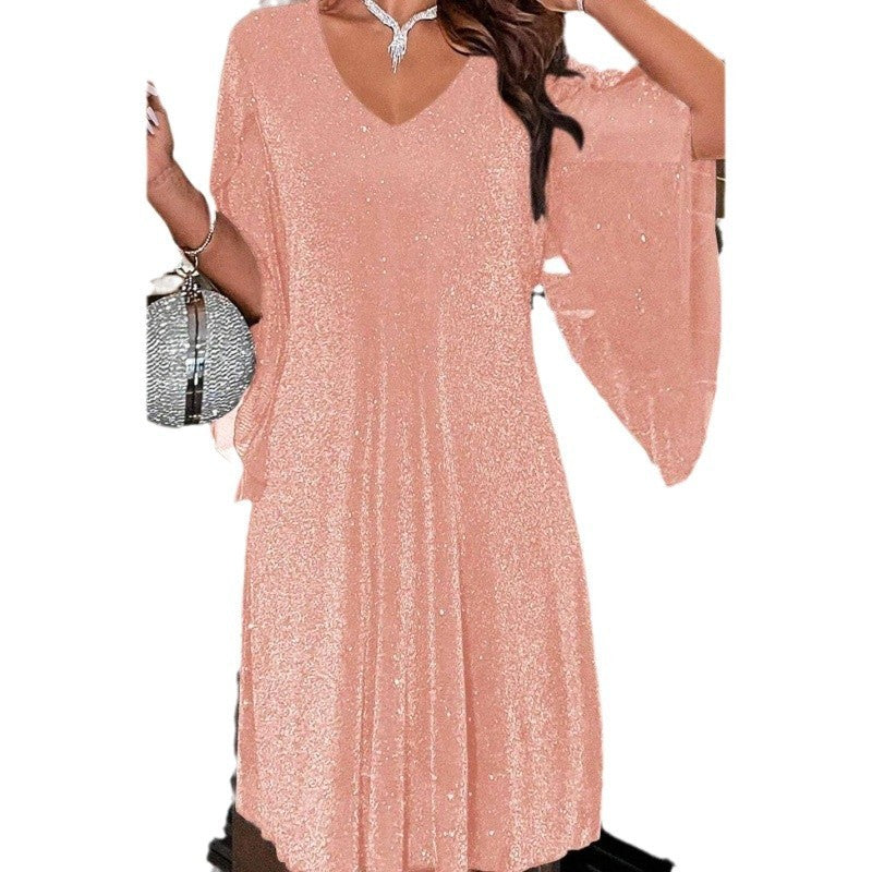 V-neck Half Sleeve Shiny Loose Waist Dress for Women