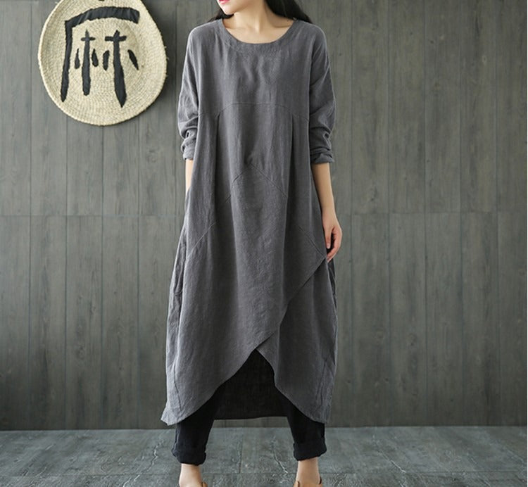 Borrowing shoulder sleeves cotton linen loose fitting dress