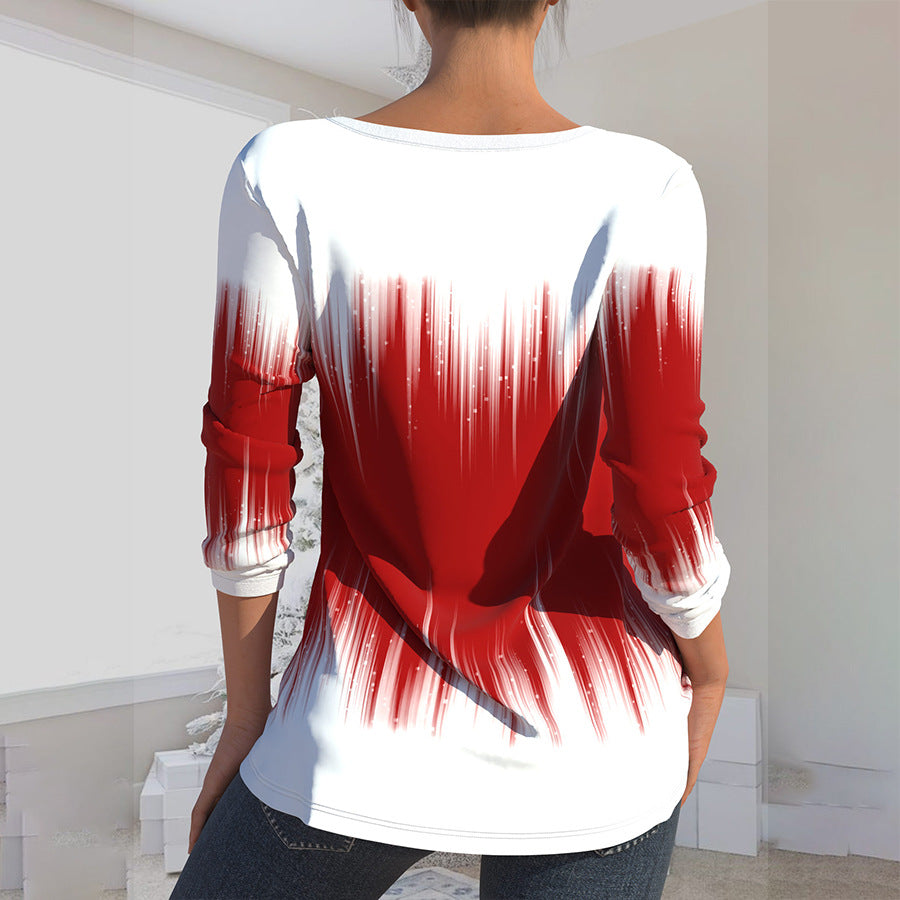 Hollow V-Neck Long Sleeve Printed T-shirt Shirt for Women