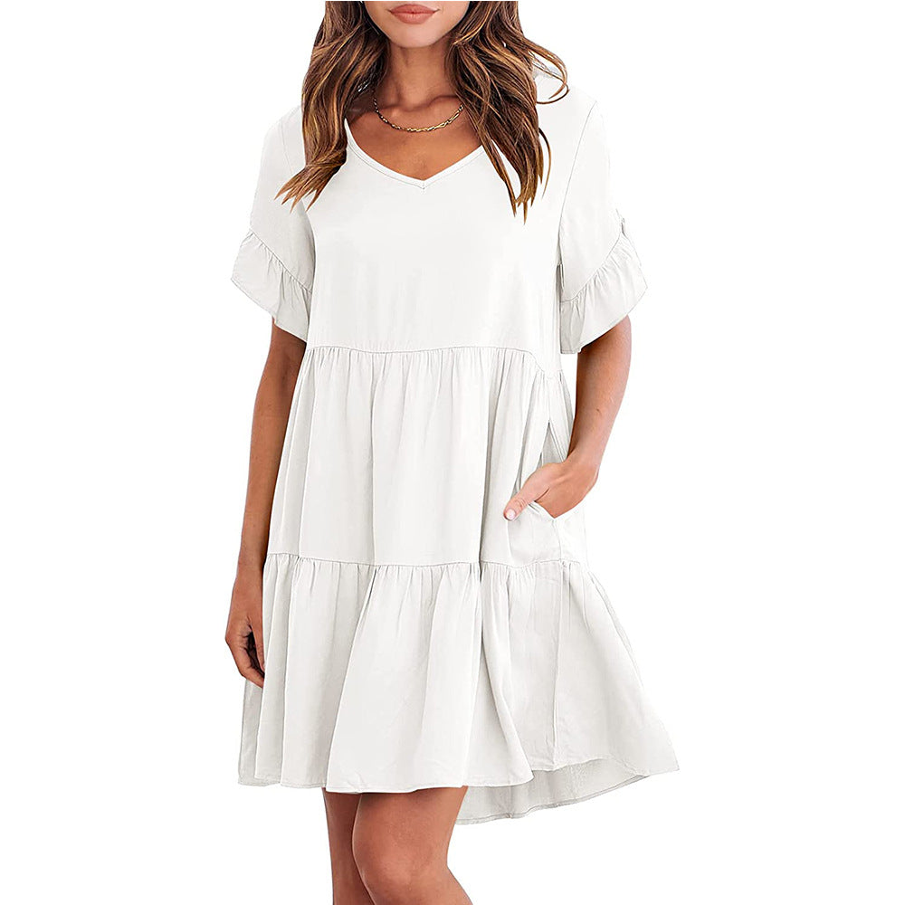 Summer Casual V-neck Little-girl Style Clothes Three-layer Pleated Dress