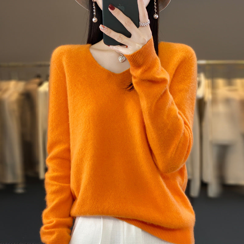 Women's V-Neck Wool Sweater - Solid Color Loose-Fitting Versatile Top for Autumn and Winter