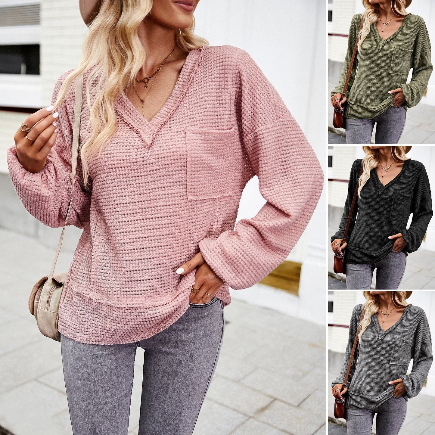 V-Neck Long-Sleeve Knitwear Top in Women's Solid Color Fashion