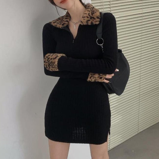 Women's New Leopard Print Long Sleeve Padded Dress