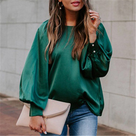 Silk long sleeve round neck solid color pullover top