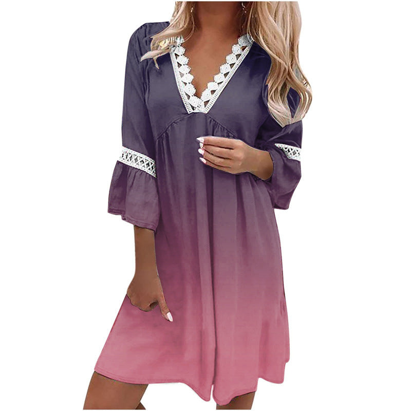 Women's Lace V-neck Patchwork Loose Casual Dress