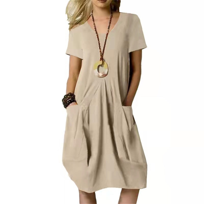 Cotton Linen Loose Fit Round Neck Short Sleeves Summer Dress for Women