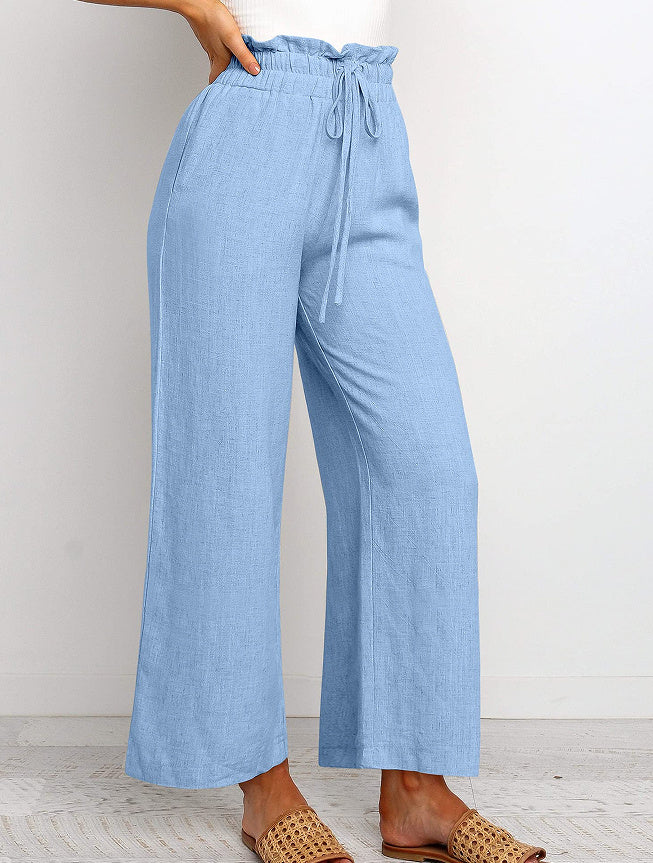 Solid Color Cropped Pants with Elastic Waistband and Lace-Up Wide Legs