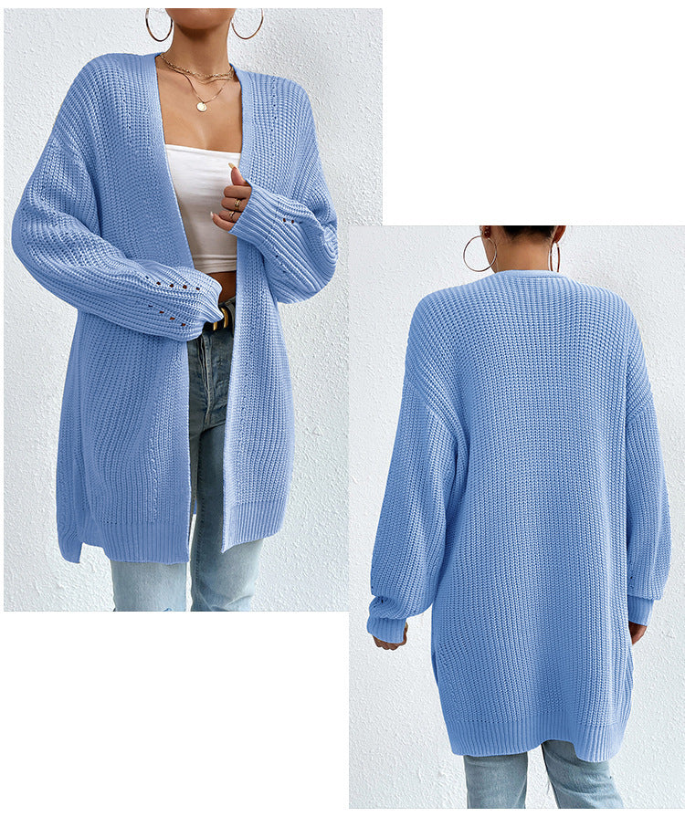 Solid Color Loose Medium Length Knitted Cardigan Sweater Jacket