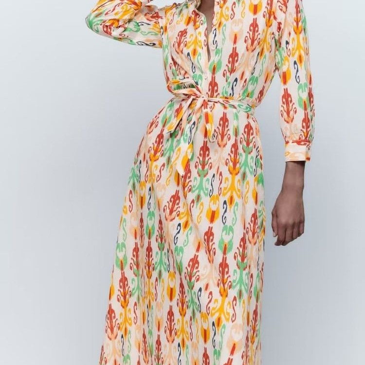 Long Sleeve With Belt Printed Dress