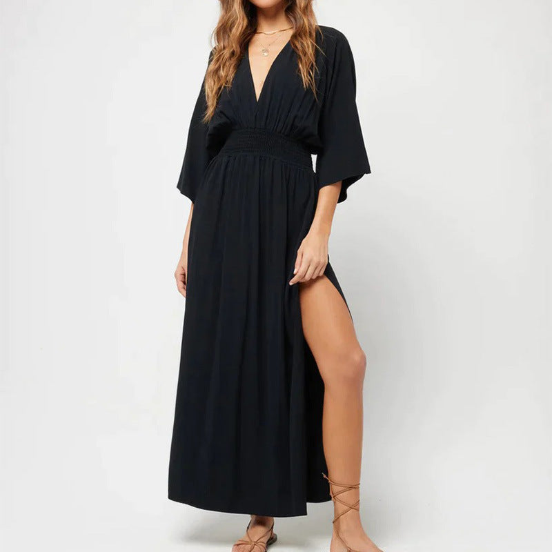 V-neck, Low-cut Backless 3/4 Sleeve Dress