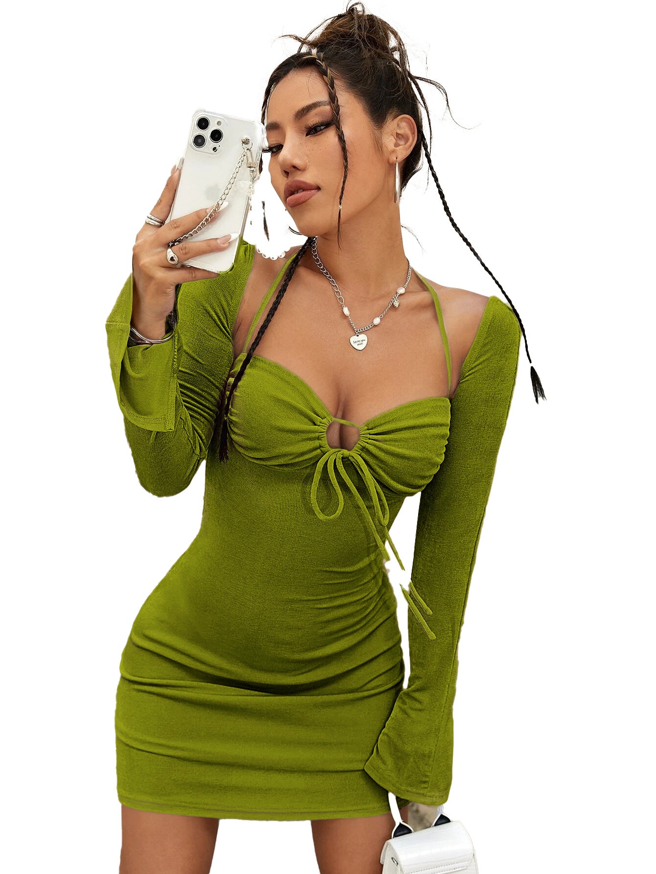 Women's Fashion Hollowed-out Tied Long Sleeves Hip Dress