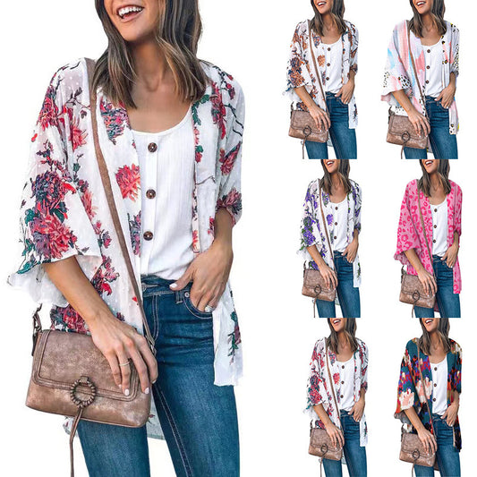 Women's Top: Fashionable Flower Print Shirt Jacket
