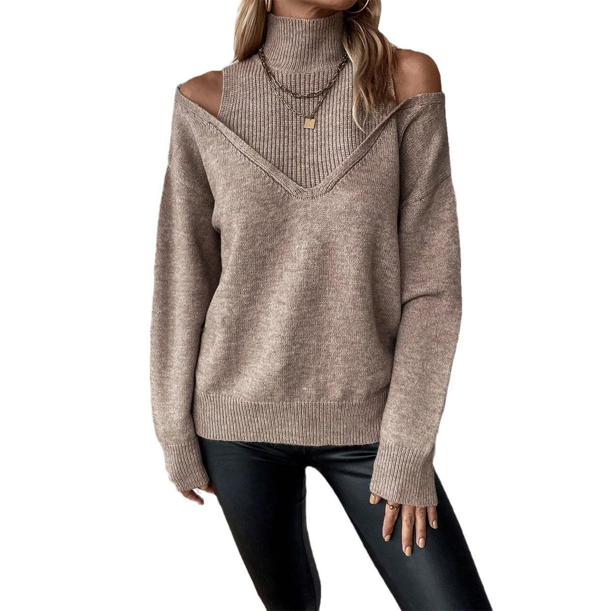 Off-the-Shoulder Half Turtleneck Solid Color Casual Sweater