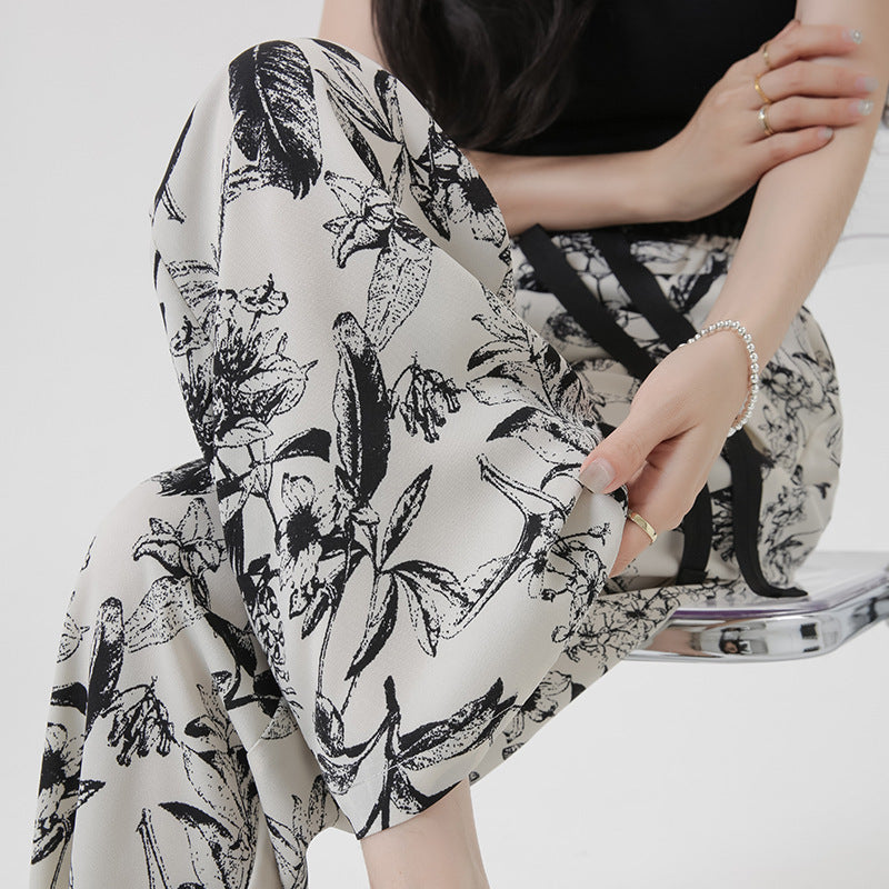 Summer Ink Ice Silk Narrow Version Floral Print Casual Jumpsuit Thin