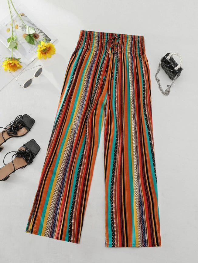 Women's Multi-Color Stripe Casual Pants with Tied Elastic Waist